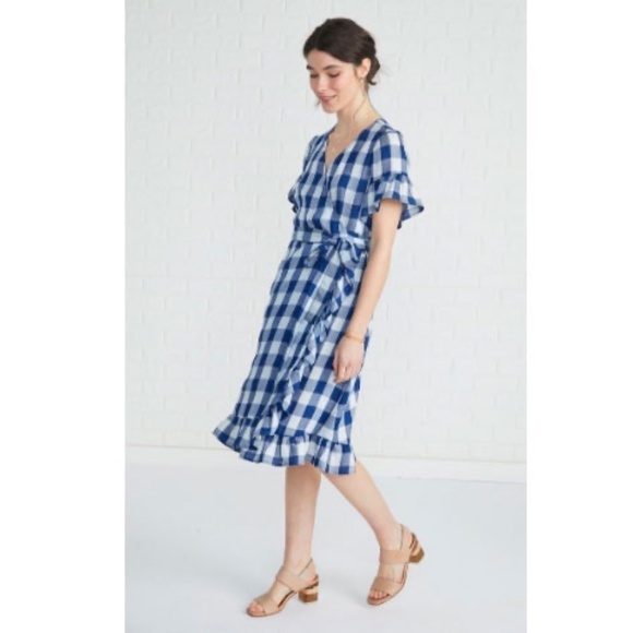 Amour Vert Blue and White Checkered Wrap Dress. Size S. - Picture 2 of 5